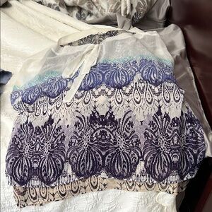 CAbi Sheer White Camisole with Navy and Teal Pattern